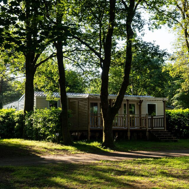 Un beau mobil-home en pleine nature entouré d'abres au feuillage bien vert.