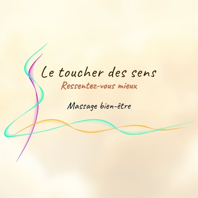 Logo le toucher des sens qui a trois couleurs ; Violet, vert et orange sur fond beige et blanc avec du texte.